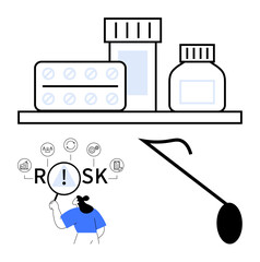Medicine bottles, capsule pack, magnifying glass showing risk icons, connected health symbols. Ideal for healthcare, safety, risk management, research, medical audit business abstract line flat