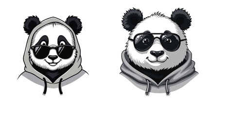 Cool and Stylish Panda Duo Wearing Trendy Hoodies and Dark Sunglasses, Exuding a Confident and Modern Urban Vibe with a Streetwear-Inspired Look, Featuring a Black-and-White Aesthetic with Detailed Sh