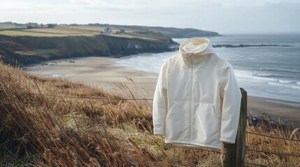Cream Hooded Jacket Hanging On Coastal Fence