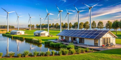 Obraz premium Idyllic lakeside residence powered by renewable energy sources, featuring solar panels and wind turbines under a vibrant sky
