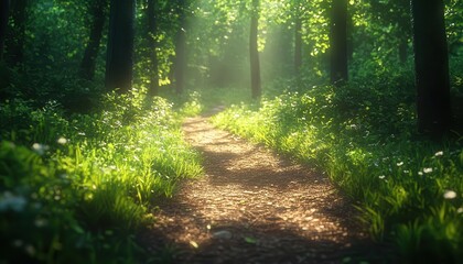 Obraz premium Trail running through lush green forest, vibrant colors, dappled sunlight, photorealistic, wide-angle view