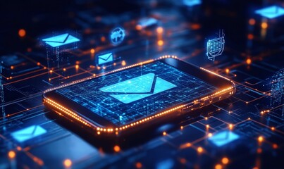 Mobile Email Security, A futuristic depiction of a mobile device surrounded by a force field of protective shields, representing secure email communication on mobile