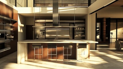 A spacious modern kitchen with an open floor plan, featuring a large island with sleek countertops and high-end appliances