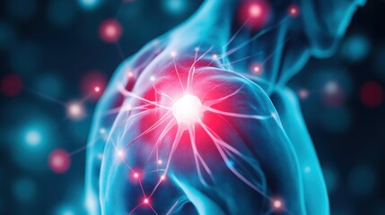 Vibrant abstract digital design, glowing neural connections, blue and red highlights, suitable for tech and science themes.