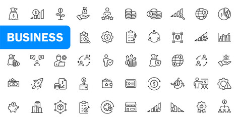 Business icons set, finance icons. Set of 50 outline icons related to business. Linear icon collection. Editable stroke. Vector illustration