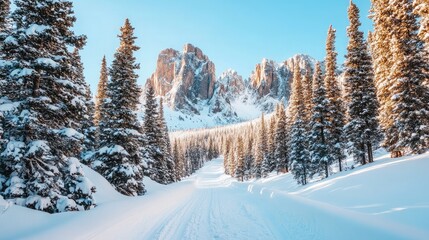 Obraz premium A snow-dusted trail leading through a tranquil pine forest, with towering peaks visible in the distance.