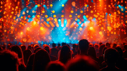 Illuminated blurry stage and audience silhouette image. Mesmerizing light performance in concert hall photography scene realistic. Night life fun concept photorealistic photo
