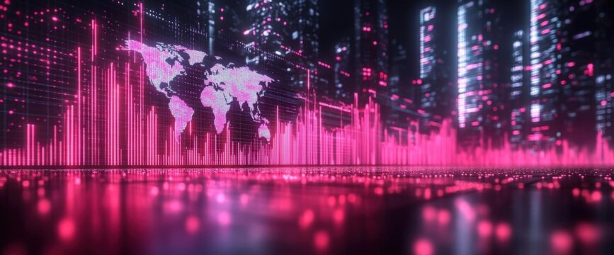 Glowing Pink Digital Cityscape With World Map