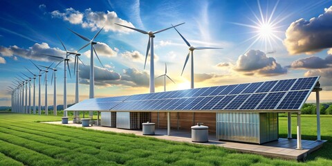 Sustainable Energy Infrastructure A Row of Wind Turbines and a Solar Panel Structure in a Lush Green Field Under a Bright Sunny Sky