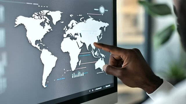 Businessperson Analyzing Global Supply Chain Map on Digital Screen