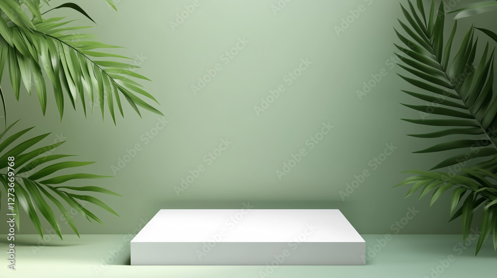 Leinwandbilder green product display background podium table stage with foliage and leaves. green background nature