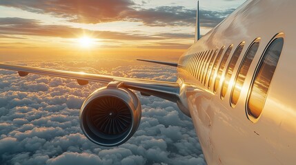 Fototapeta premium A close-up view of an airplane wing with a jet engine during a stunning sunset above the clouds.