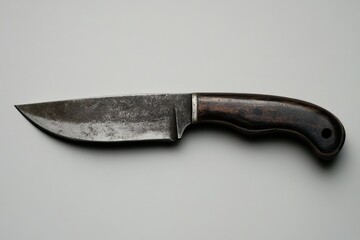 A well worn knife with a wooden handle lies horizontally