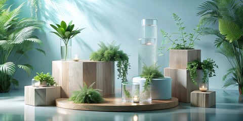 Serene Minimalist Indoor Oasis with Lush Greenery and Ambient Lighting on Wooden Platforms