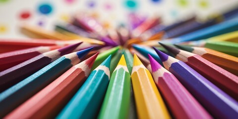 Colorful arrangement of pencils radiating from the center on a creative workspace