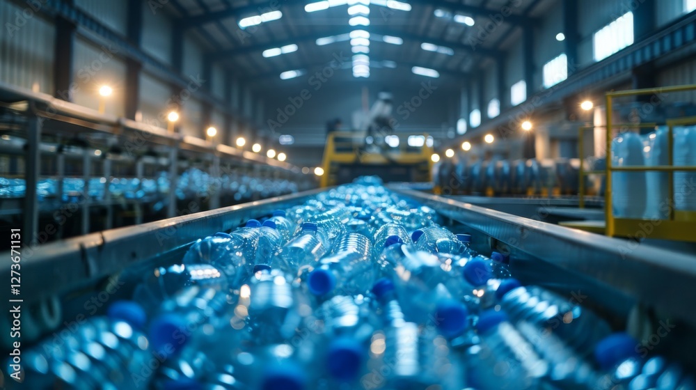 Aufkleber conveyor belt transports numerous plastic bottles in a state of the art recycling facility, while wo