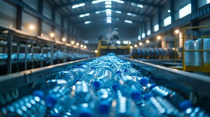Conveyor belt transports numerous plastic bottles in a state of the art recycling facility, while workers monitor the efficient recycling process throughout the workday.
