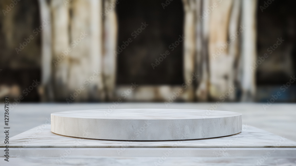 Poster Circle round podium made of stone. Gray podium table stage with bokeh for products and design