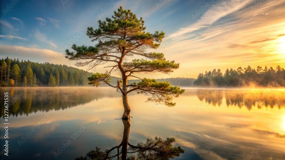 Sticker Serene Sunrise Over Still Waters, Lone Tree Stands Tall Reflecting Golden Light in Misty Calm