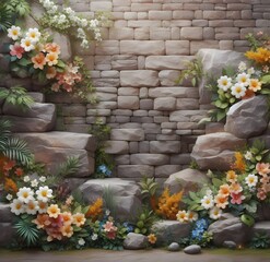 Empty stone brick wall with flowers on the sides and copy space