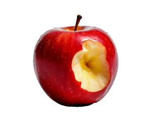 Red apple, bitten, white background, HD, high-quality, realistic photo, crisp bite, vibrant color, fresh texture, detailed surface, juicy flesh, clear contrast, natural shine, clean focus.

