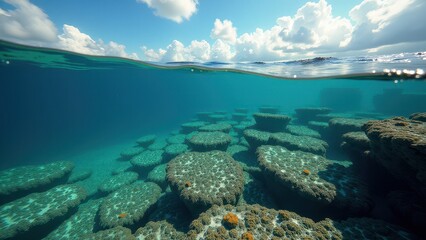 Underwater coral reef ecosystem with sandy ocean floor and sunlight rays	