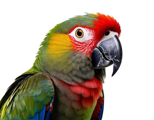 Obraz premium Parrot, white background, HD, high-quality, realistic photo, vibrant feathers, sharp details, clear contrast, vivid colors, natural beauty, intricate patterns, professional lighting, dynamic pose.