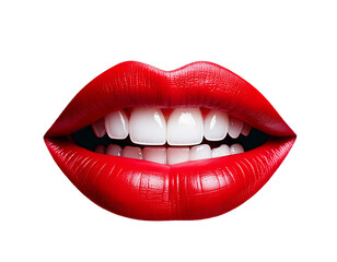 Obraz premium Red lips, white teeth, white background, HD, high-quality, realistic photo, studio lighting, clear details, vibrant color, flawless skin, crisp contrast, sharp focus, polished aesthetic.