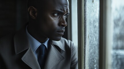 A detective looking out of a window, deep in thought. Featuring reflection and investigation