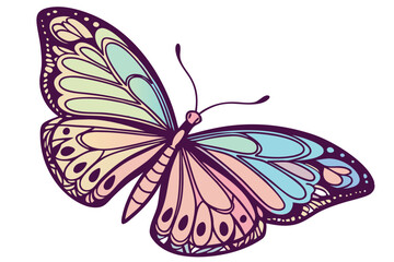  Vibrant rainbow butterfly, detailed wings, symmetrical design, intricate patterns, colorful insect, iridescent scales, fantasy creature, digital illustration, hyper-realistic, high contrast, vivid 