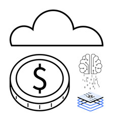Cloud with dollar coin, AI brain emitting binary, and stacked technology layers. Ideal for fintech, AI, automation, data systems, digital economy, cloud computing abstract line flat metaphor