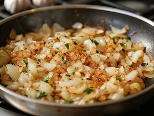 Sauteed onions in a pan, golden and aromatic.