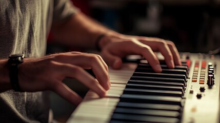 Obraz premium Close-up of male hands typing on laptop keyboard, modern workplace technology concept