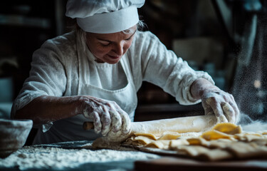 A woman in a white apron and hat concentrates on rolling out dough, surrounded by flour in a cozy kitchen atmosphere