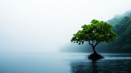 Solitary Mangrove Tree in Misty Waters