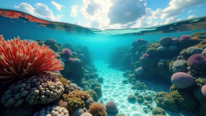 Naklejka premium Split view of tropical coral reef underwater and lush island coastline above water 