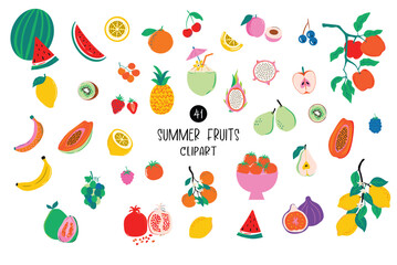 Beach and tropical inspired Vibrant colorful illustrations of summer fruits like pineapple, papaya, watermelon, grapefruit etc. Hand-drawn food clipart icons for posters, wall art, t-shirt design.