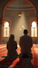 A peaceful and serene moment of prayer captured in a mosque, with two individuals kneeling in prayer