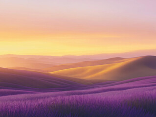 Fototapeta premium Serene Landscape of Lavender Fields Under Golden Sunset with Purple and Orange Tones