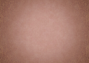 Pale pink textured paper with vignette of golden hand-drawn pattern on a darker background color. Copy space. Digital artwork, A4. (pattern: p13-2b)