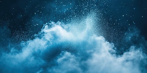 A mesmerizing dance of blue and white dust swirls against a deep azure sky, its ethereal forms gracefully suspended mid-air, hinting at nature's untamed elegance