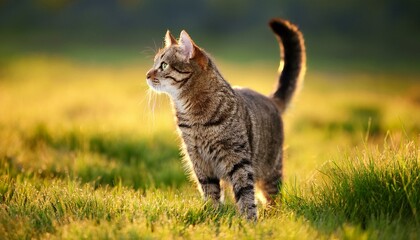 tabby cat with funny facial expression stands on a meadow and looks to the left portrait of a european shorthair cat with ears turned back outdoors