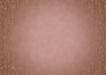 Pale pink textured paper with vignette of golden hand-drawn pattern on a darker background color. Copy space. Digital artwork, A4. (pattern: p14a)