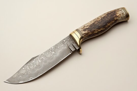 Damascus steel knife with antler handle and golden accents