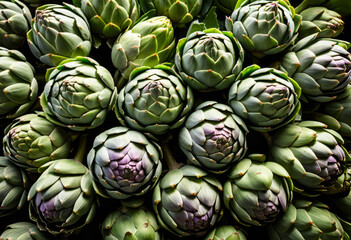 Fototapeta premium Panoramic view of fresh artichokes at the farmers market