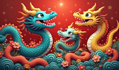 Obraz premium Vibrant illustration of three colorful dragons amidst flowers and waves, perfect for celebrating Asian culture, festivals, and mythology.