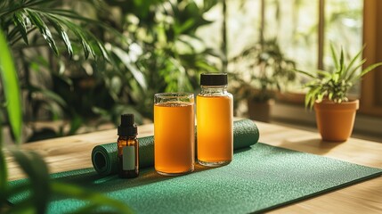 A wellness setup with CBD-infused drinks, essential oils, and a yoga mat.