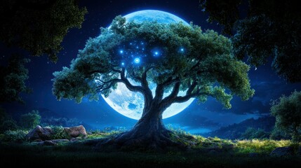 A large forest tree with carvings of celestial constellations and planets, moonlight shining through the branches, ultra-realistic, 4K