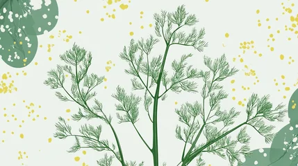 Gordijnen Abstract Dill Branches On Light Background With Golden Dots. Nature Themed Background. © muhamad