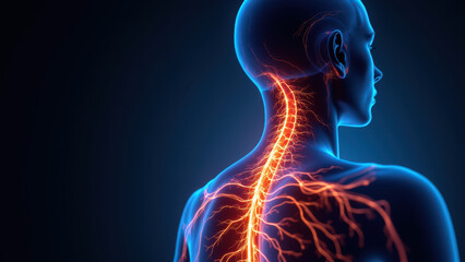 Vagus Nerve Stimulation (VNS), illustrated with a person's neck area highlighted to show nerve pathways, emphasizing medical treatment and technology.